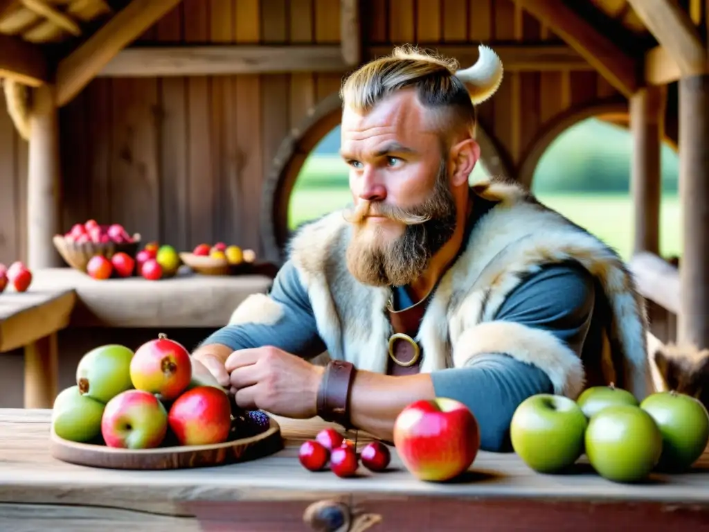 Un valiente guerrero vikingo admira una granada madura entre una variedad de frutas frescas