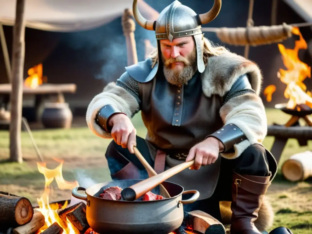 Un valiente guerrero vikingo preparando un guiso tradicional al aire libre