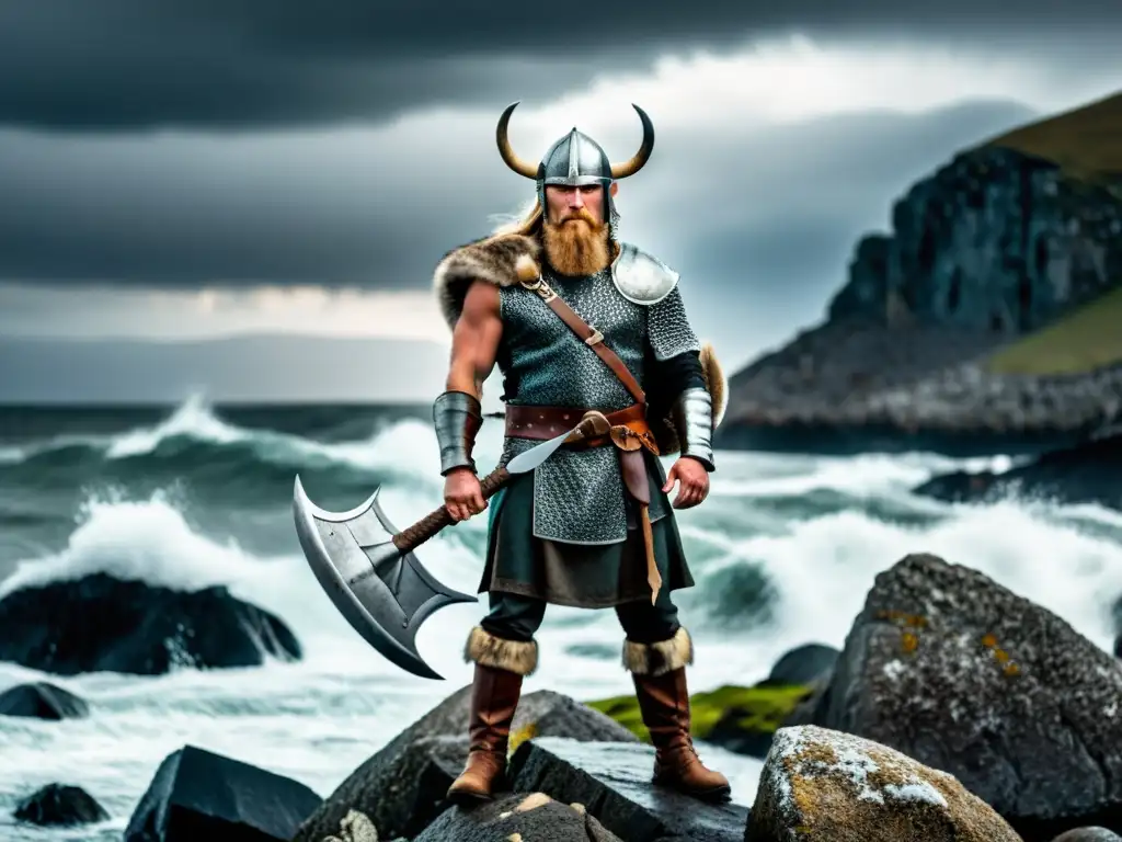 Un valiente guerrero vikingo en indumentaria vikinga auténtica, con casco de cuernos y hacha, desafiando el horizonte tormentoso