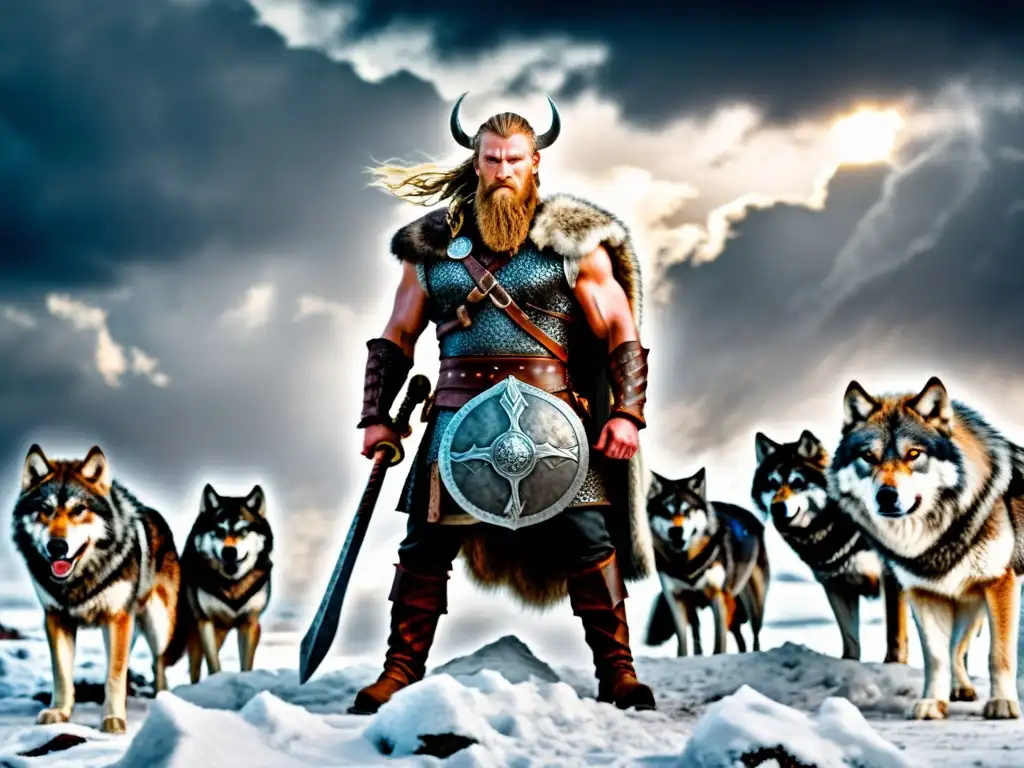 Un valiente guerrero vikingo con lobos en la nieve, listo para la batalla en RPG de Acción Vikings Wolves