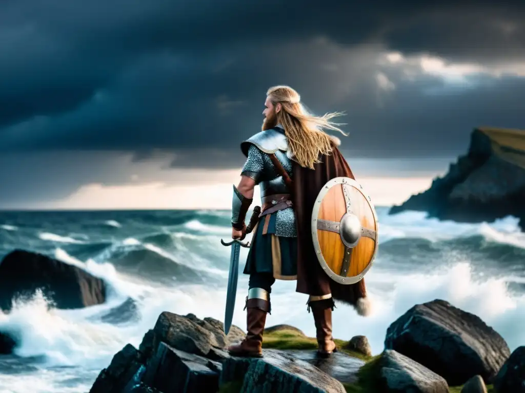 Un valiente guerrero vikingo contempla el mar en tormenta, evocando la Poesía Vikinga en la literatura