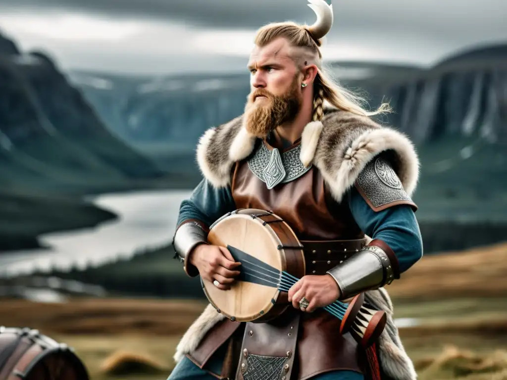 Un valiente guerrero vikingo tocando una melodía en un paisaje nórdico, evocando las bandas sonoras cine vikingo