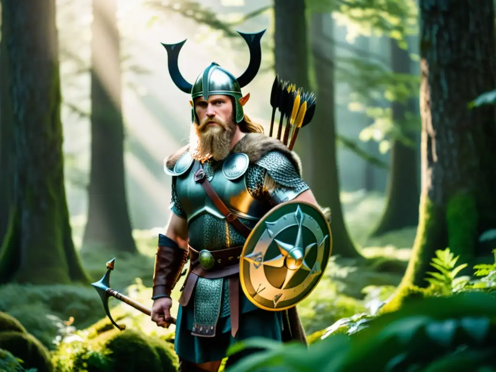 Un valiente guerrero vikingo en la naturaleza exuberante, listo para la supervivencia con técnicas vikingas