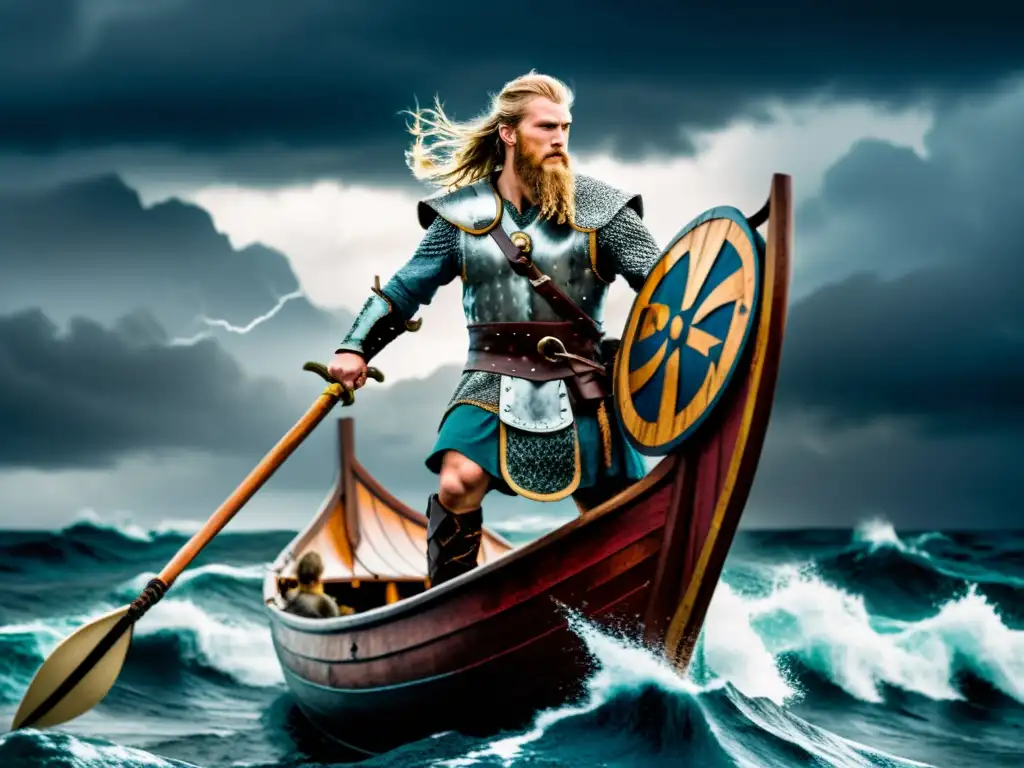 Un valiente guerrero vikingo en su drakkar, rodeado de tormenta y rayos, evoca los arquetipos literarios era vikinga