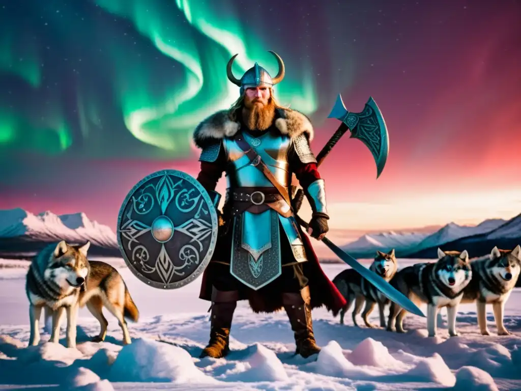 Valiente guerrero vikingo rodeado de lobos en un campo nevado con auroras boreales, enérgico RPG de Acción Vikings Wolves