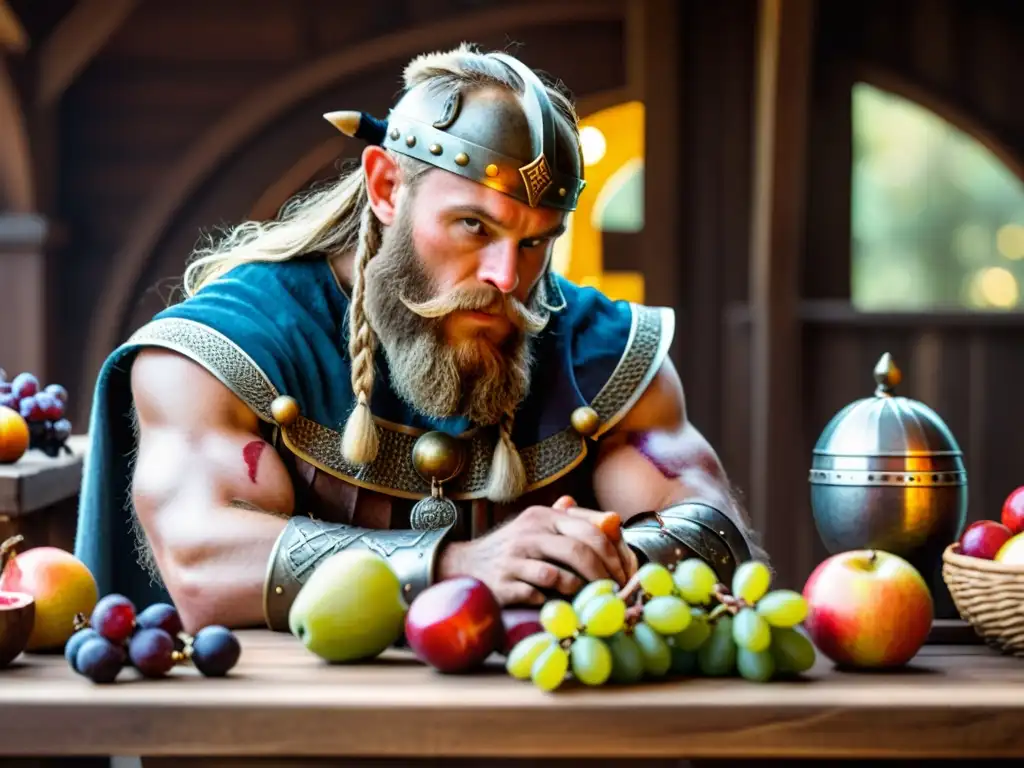 Un valiente guerrero vikingo en un salón iluminado por antorchas, disfrutando de frutas