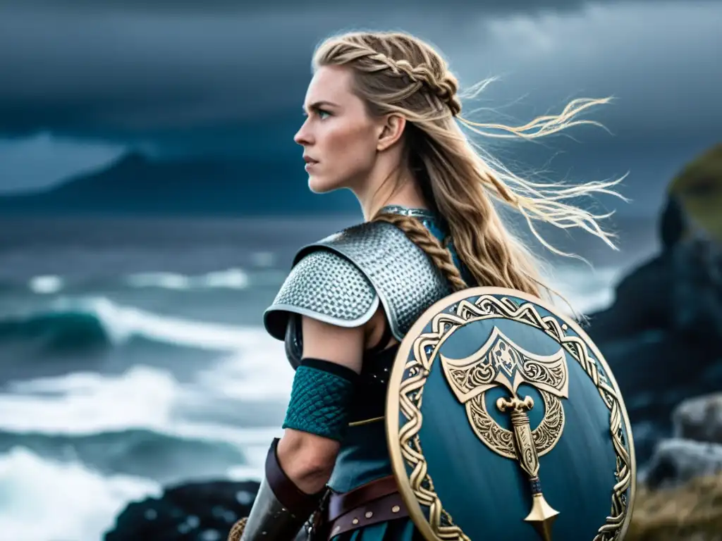 Una valiente heroína vikinga en un acantilado rocoso frente al mar tormentoso, lista para la batalla