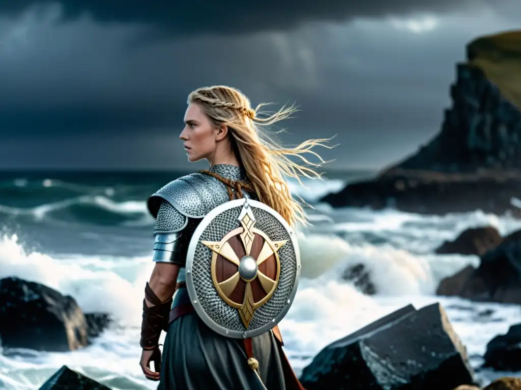 Una valiente heroína vikinga observa el mar tormentoso, con armadura y espada relucientes