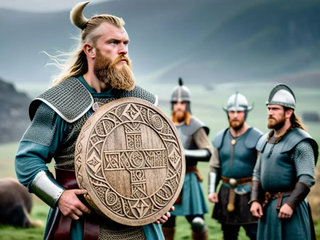 Un valiente jefe vikingo sostiene una gran runa tallada entre guerreros, en un paisaje nórdico místico