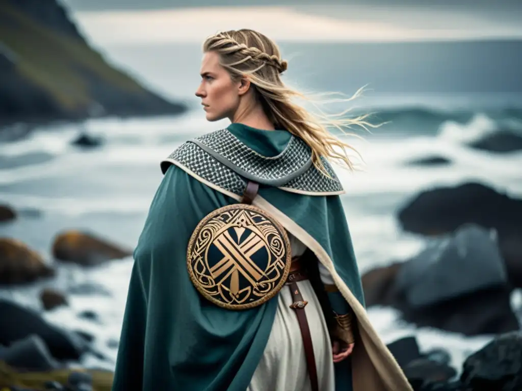 Una valiente mujer guerrera vikinga en la costa nórdica, con vestidos vikingos y armas, lista para la batalla al atardecer