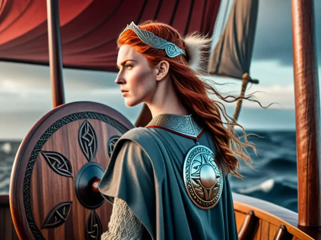 Una valiente mujer vikinga de cabello rojo en un drakkar, inspirando la percepción de la mujer vikinga