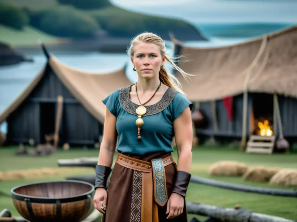 Una valiente mujer vikinga frente a su casa, representando la Propiedad femenina en la Era Vikinga