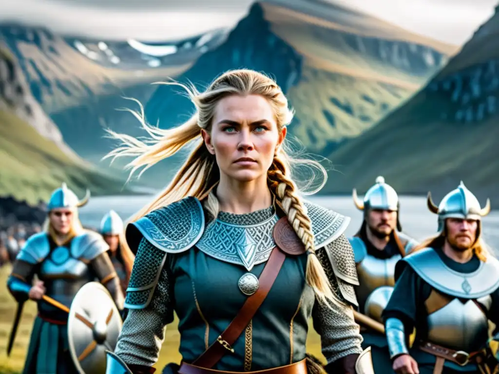 Vikinga guerrera: Fuerza y liderazgo en la batalla Una valiente mujer vikinga lidera guerreros en batalla, con armadura y espada, reflejando la autonomía de la mujer vikinga