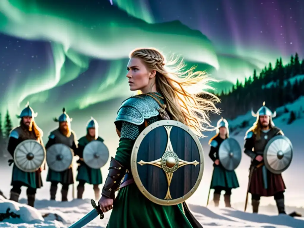 Una valiente mujer vikinga lidera guerreros bajo auroras boreales en paisaje nórdico nevado