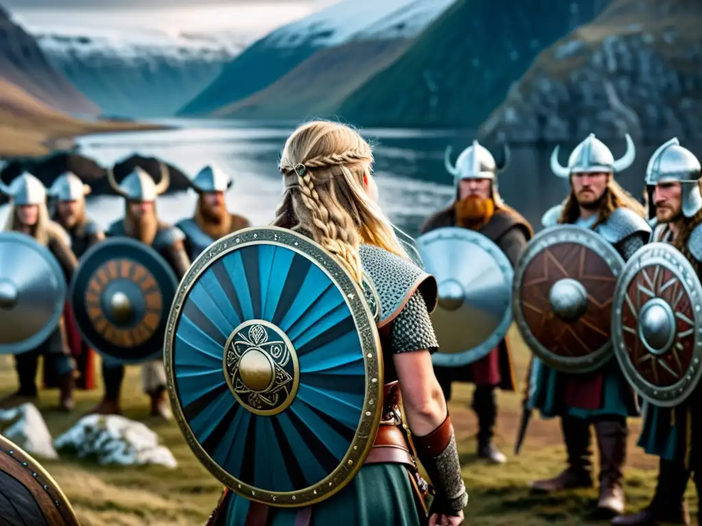 Valquiria Vikinga: Mujer guerrera liderando con determinación Una valiente mujer vikinga lidera guerreros con determinación y autonomía en un paisaje nórdico