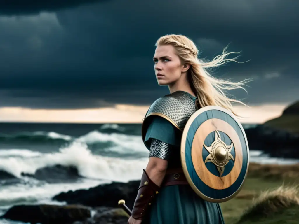 Una valiente mujer vikinga en sociedades extranjeras, lista para la aventura en la costa agreste