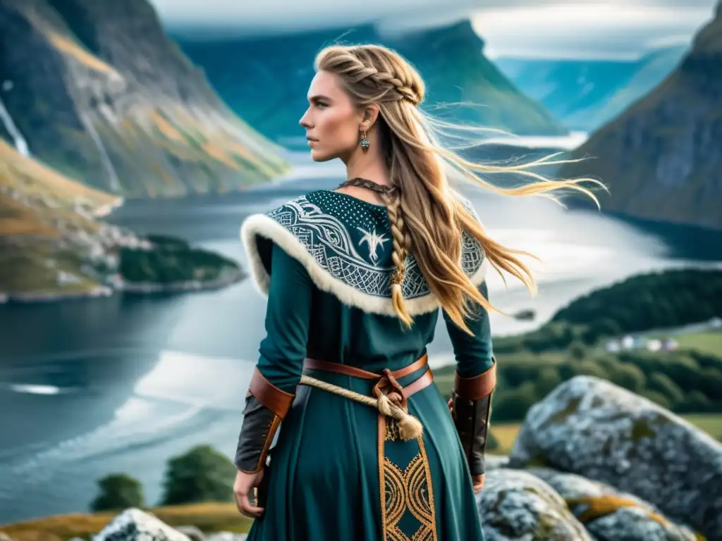 Una valiente mujer vikinga con vestido auténtico, en un acantilado, lista para la batalla