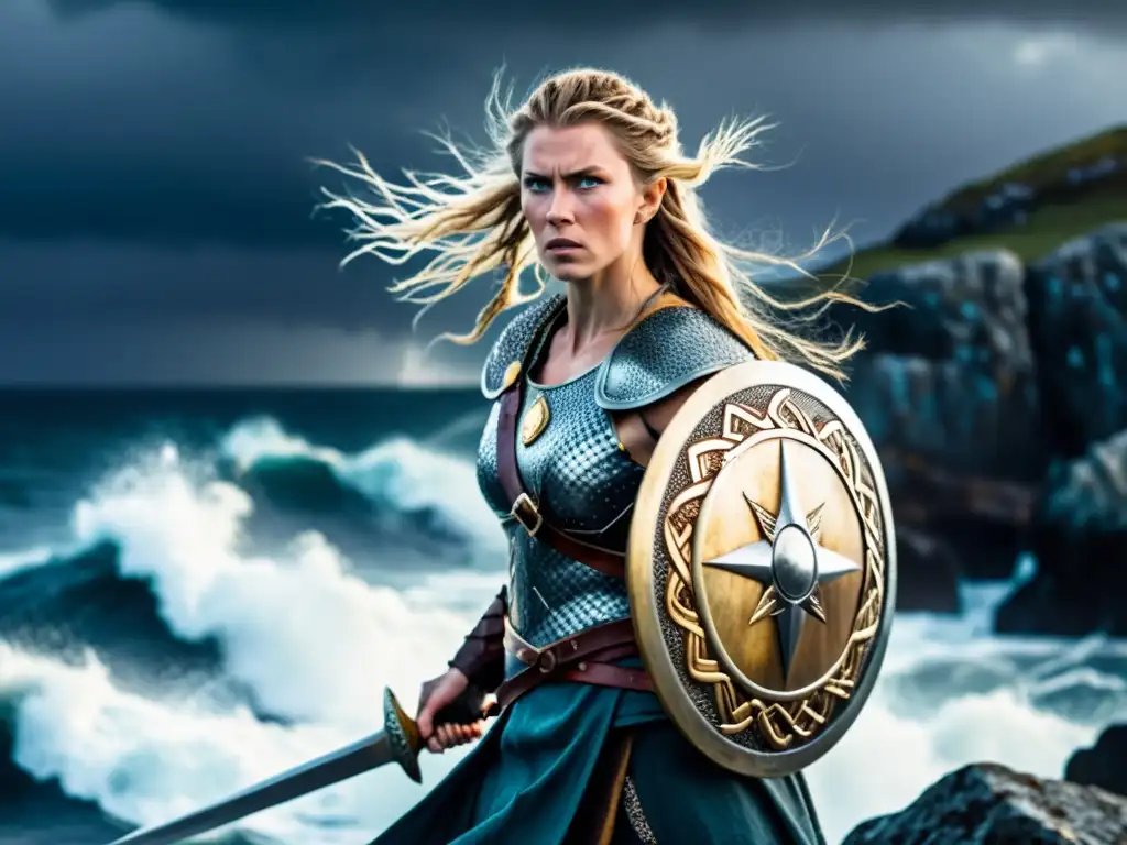 Una valiente shieldmaiden vikinga en un acantilado, con armadura intrincada y espada en alto, en una tormenta con rayos