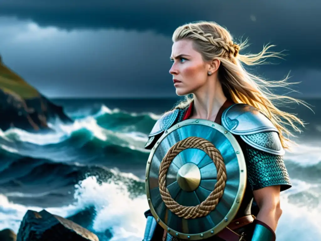 Una valiente shieldmaiden vikinga en armadura tradicional, observando el mar tormentoso desde un acantilado rocoso