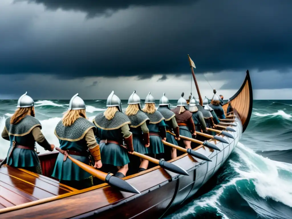 Valientes guerreros vikingos en un barco surcando mares turbulentos