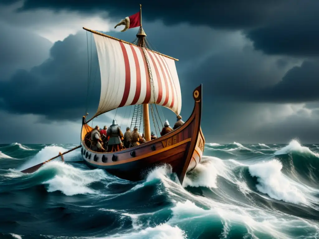 Valientes guerreros vikingos surcan mares turbulentos en un drakkar, representando la Ética Vikinga en el comportamiento moderno