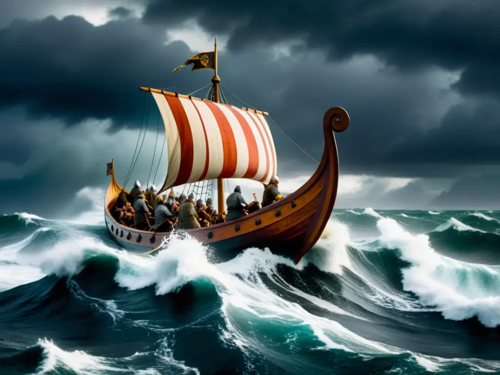 Épica batalla naval vikinga en alta mar tormentosa Valientes vikingos en nave enfrentan tormenta en el mar, mostrando recursos y tácticas
