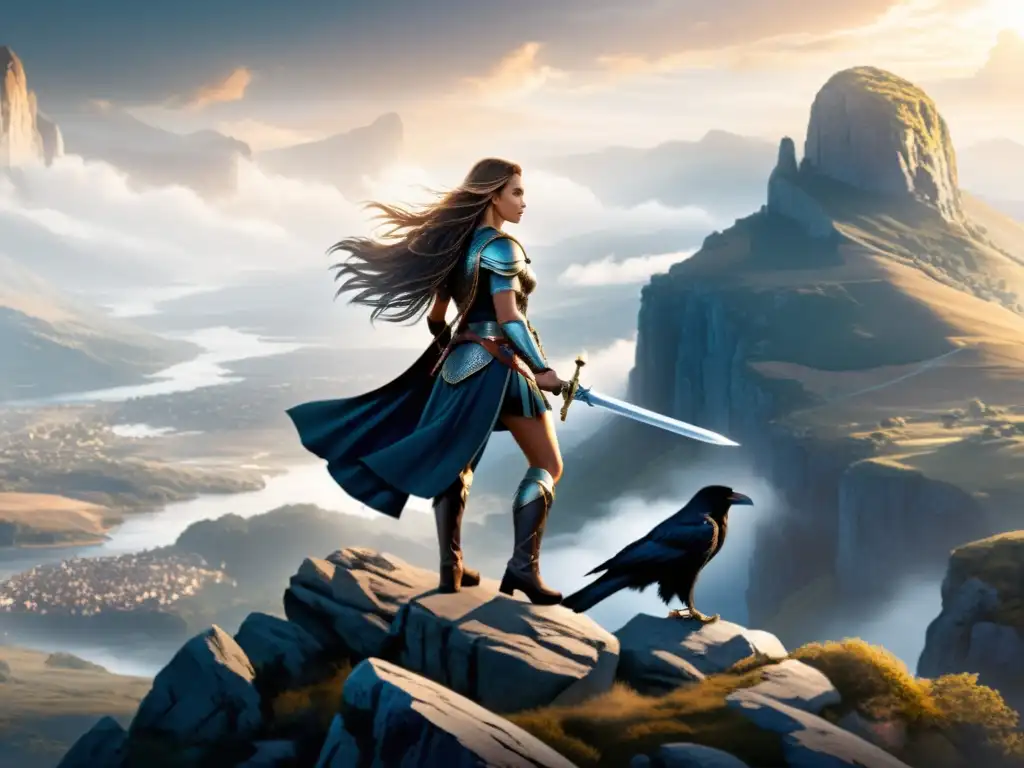 Una Valquiria contemporánea en un paisaje místico, con armadura y espada, acompañada por cuervos