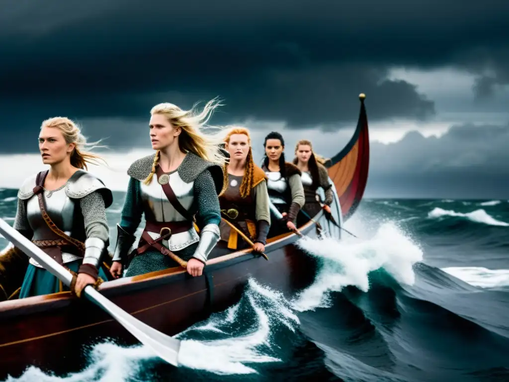 Valquirias en la expansión vikinga: Grupo de mujeres vikingas en armadura, con espadas, en barco durante tormenta