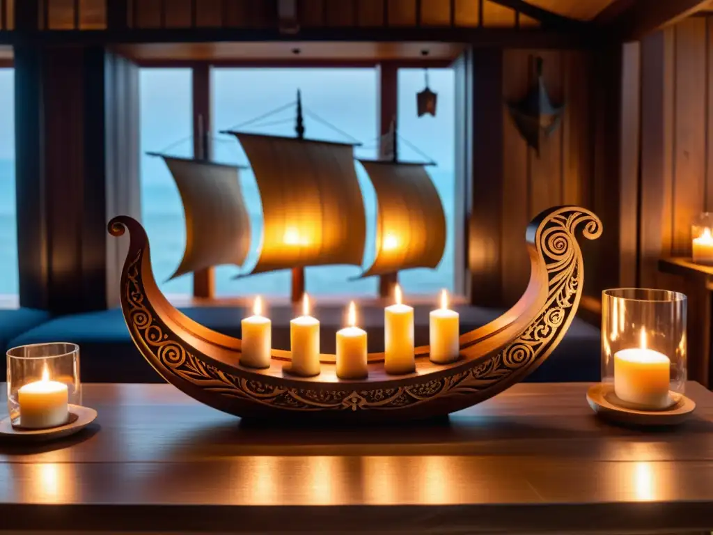 Velas y esencias vikingas cautivadoras iluminan una sala misteriosa con decoración nórdica