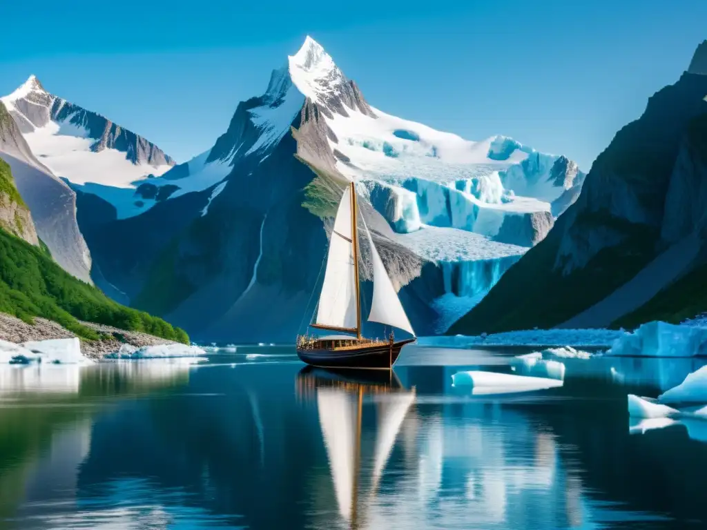 Un velero moderno navega entre glaciares y montañas, fusionando la influencia de los barcos vikingos en la navegación actual