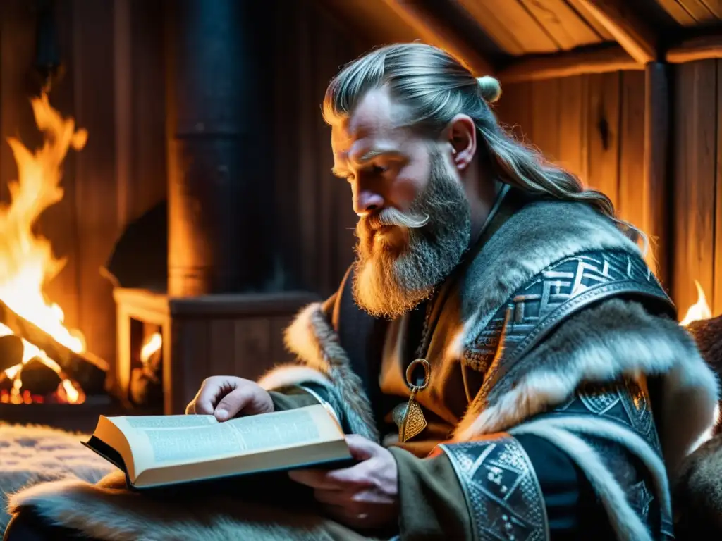 Verdadera historia de Thor vikinga: Un vikingo lee una saga islandesa junto a la chimenea en una cabaña de madera, sumergido en la lectura ancestral