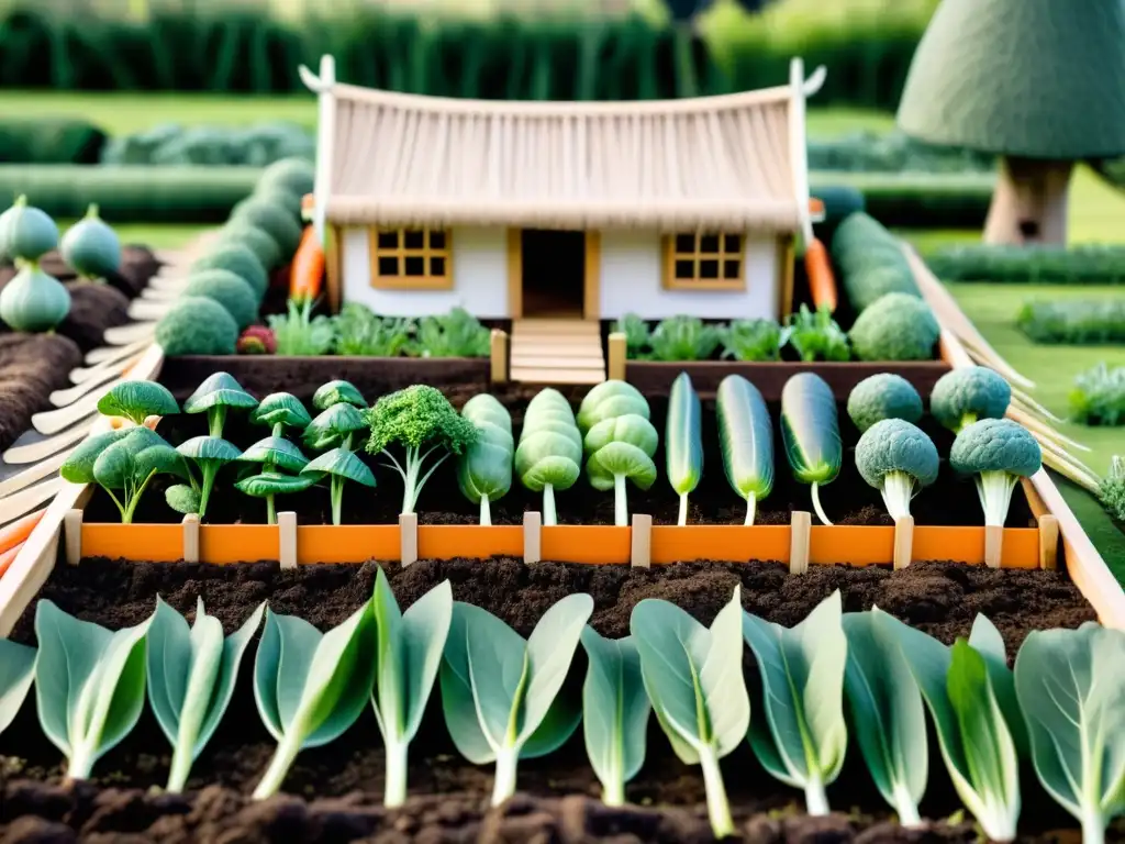 Un jardín de verduras en una fortaleza vikinga con detalles históricos y herramientas tradicionales al atardecer