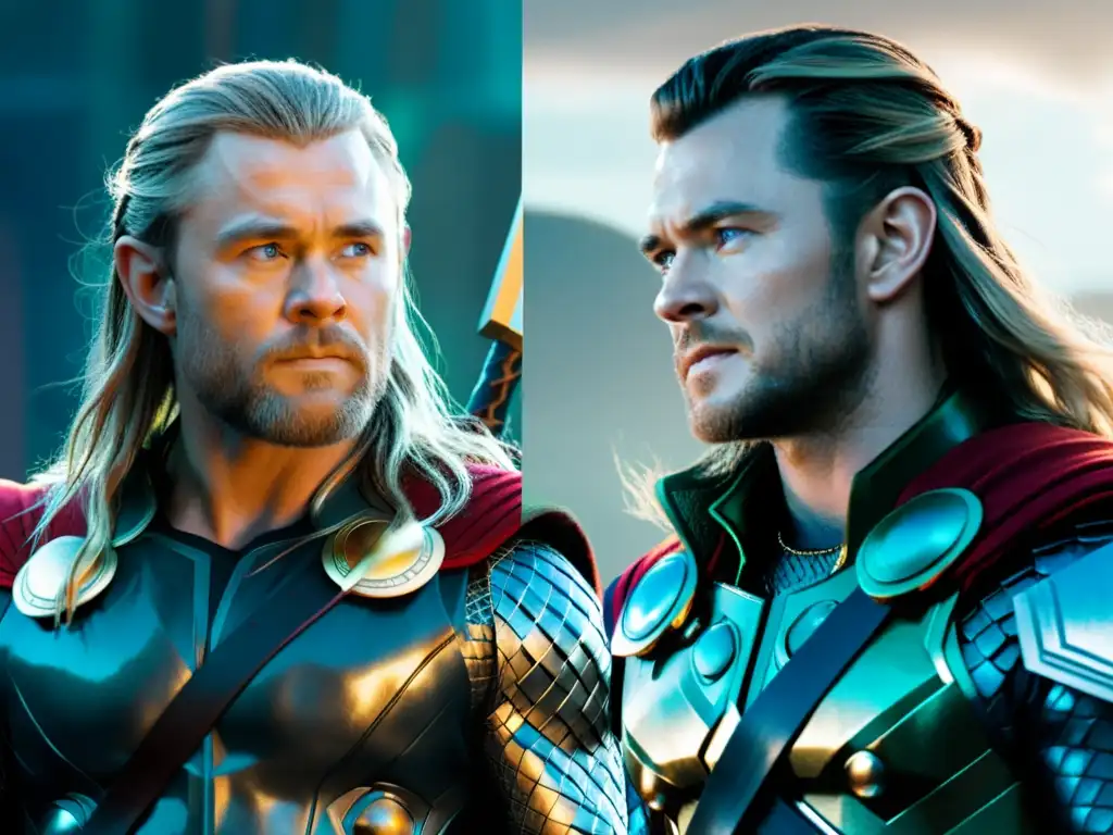 Comparación de dioses nórdicos: Thor y Loki en sus versiones clásicas y cinematográficas, fusionando mitología y cine