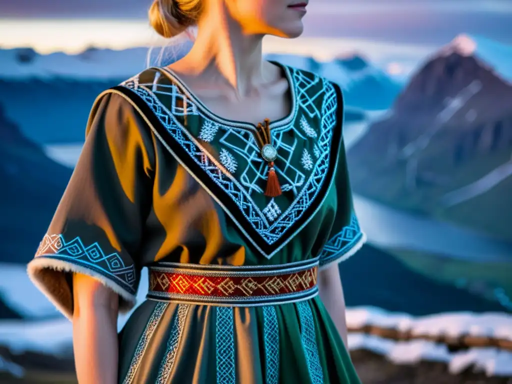 Vestido vikingo elegante y atemporal con detalles nórdicos y bordados intrincados en paisaje escandinavo