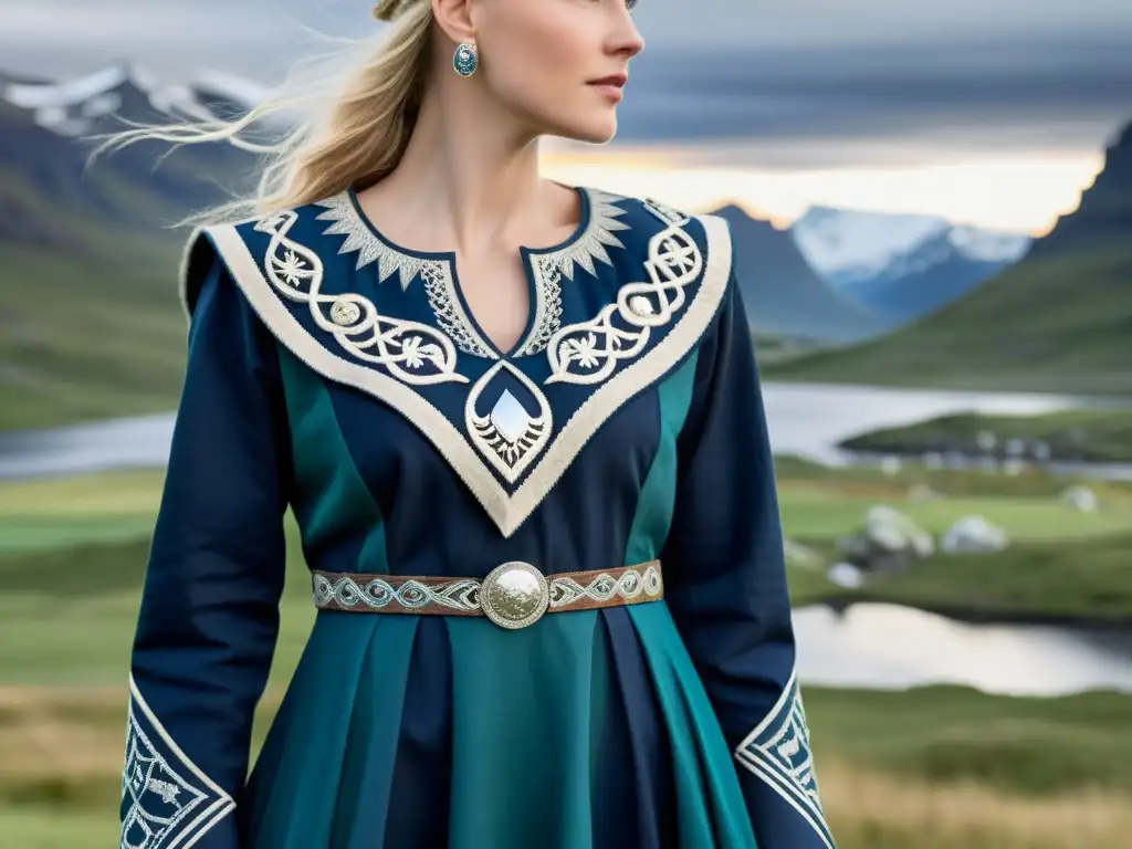 Vestidos vikingos elegantes y atemporales: un vestido vikingo azul con broches de plata y bordados nórdicos, en un paisaje noruego