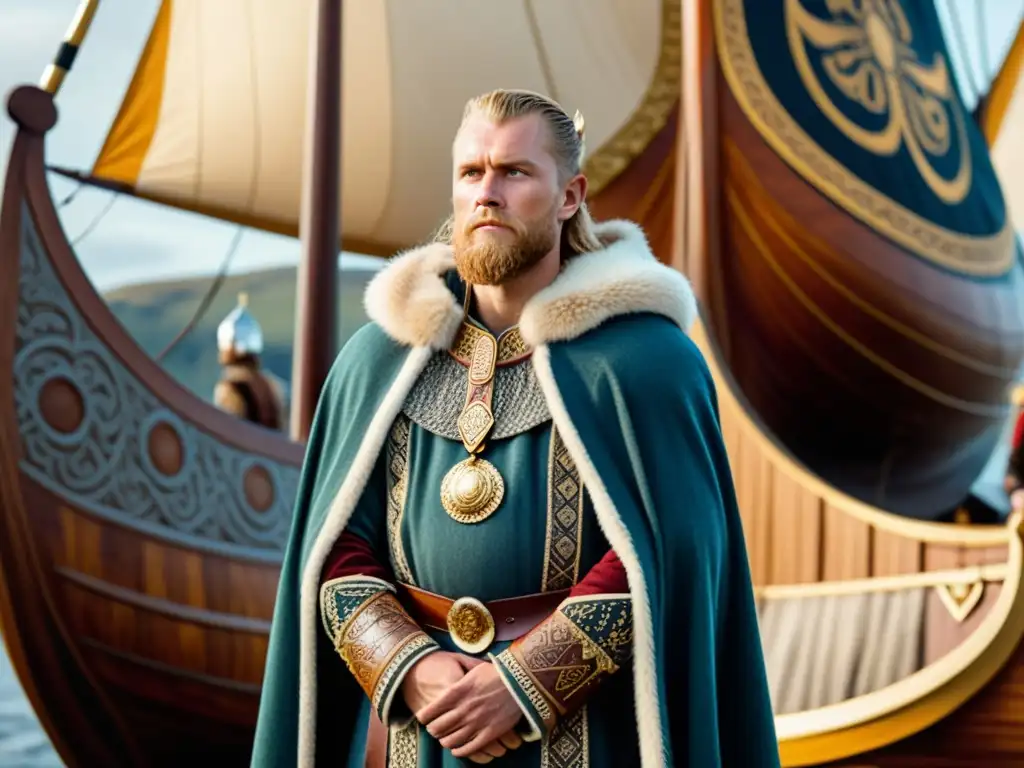 Vestimenta vikinga como símbolo de status: Un jefe vikingo orgulloso en su lujoso manto de lana, rodeado de seguidores igualmente elegantes