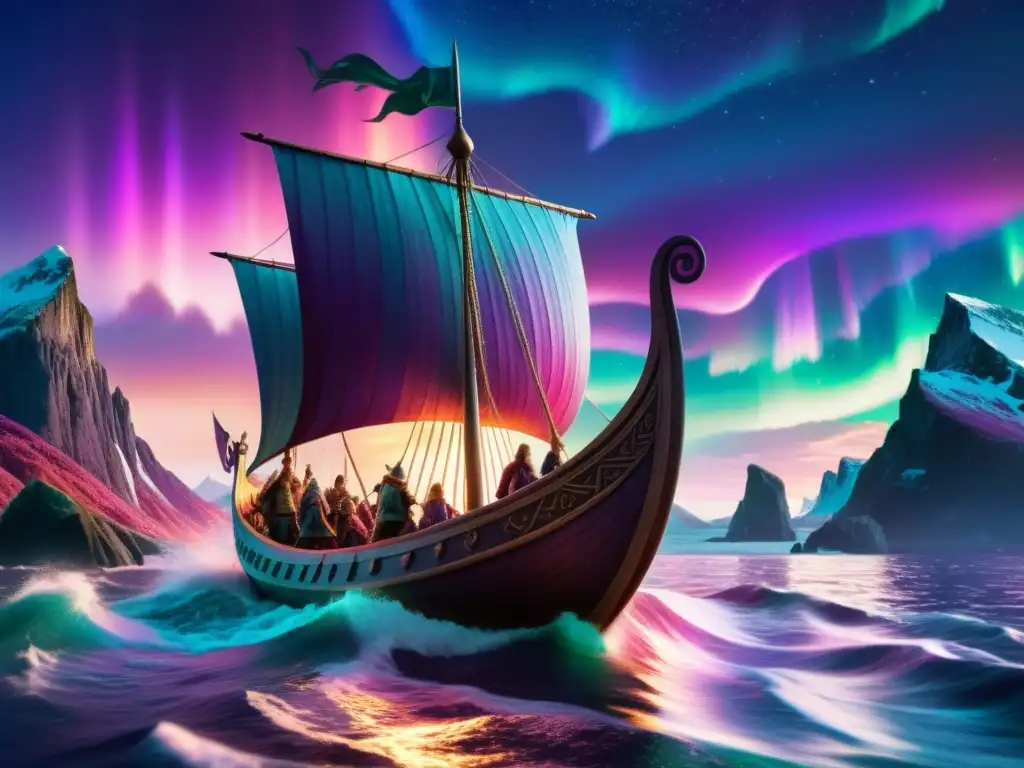 Viaje místico en un drakkar vikingo guiado por elfos, bajo auroras boreales