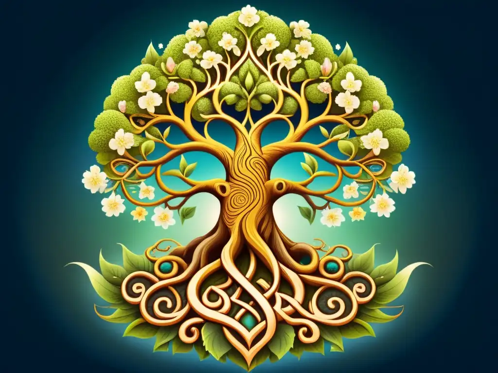 Vibrante ilustración del Yggdrasil, árbol de la vida vikingo, conectando los nueve reinos con detalles únicos y coloridos