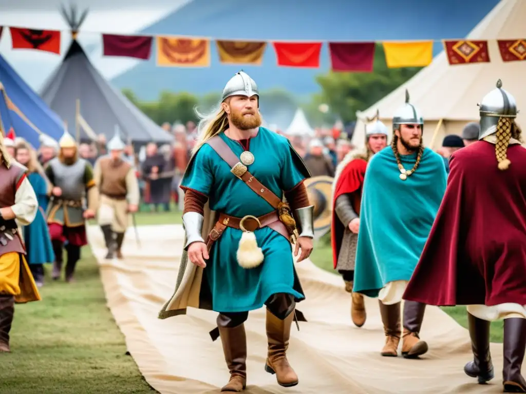 Un vibrante concurso de vestuario vikingo en festival, con participantes en atuendos elaborados y espectadores emocionados