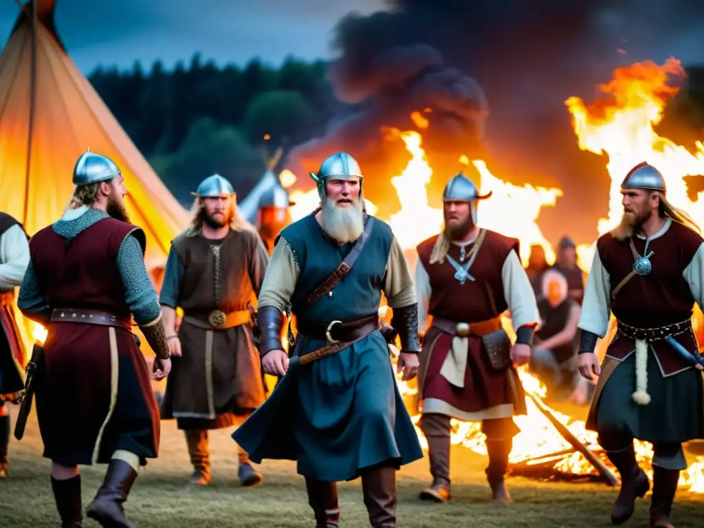 Vibrante danza vikinga alrededor de la hoguera en festival