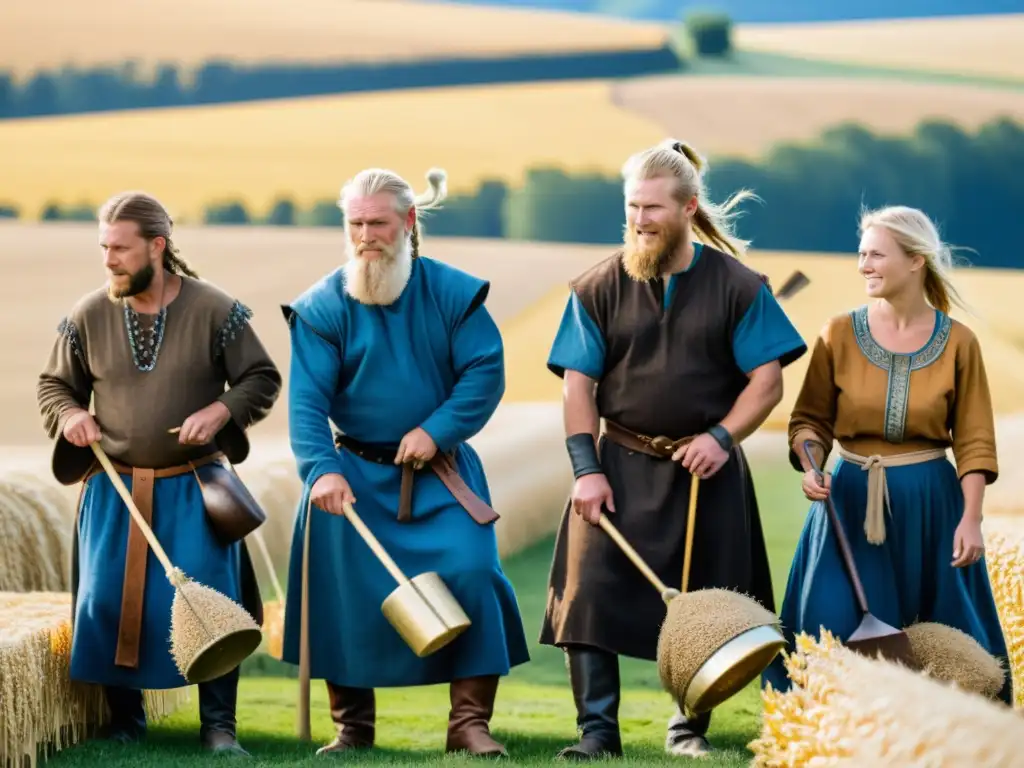 Vibrante escena de agricultores vikingos en un campo de trigo dorado, con instrumentos musicales agricultura vikinga