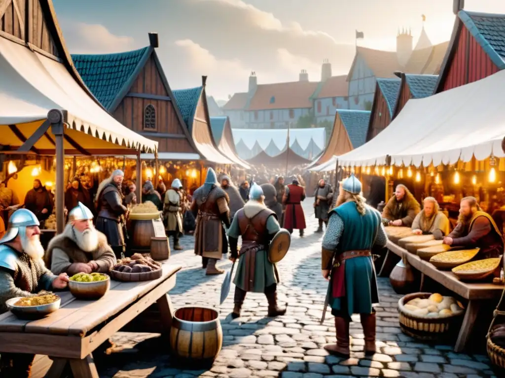 Vibrante escena de comercio vikingo en un bullicioso mercado medieval, destacando las redes de poder vikingas en el comercio