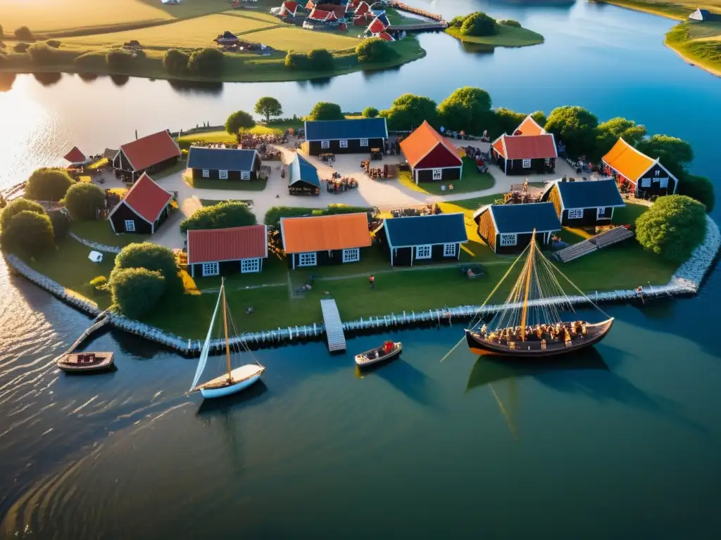 Vibrante escena en Hedeby vikinga: edificios de madera, mercado bullicioso y barcos en el puerto