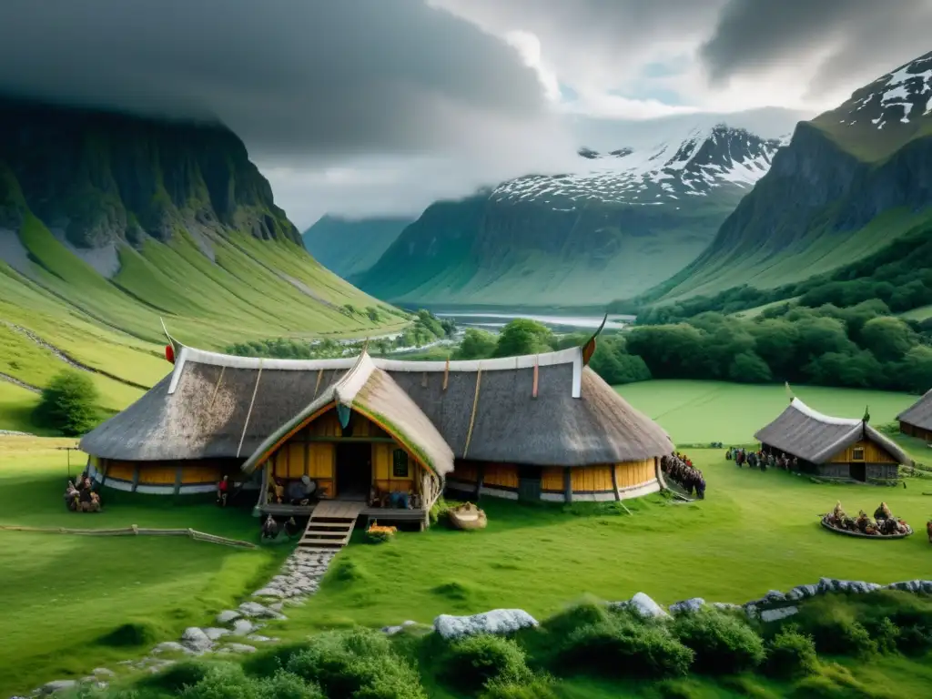 Vibrante escena de matrimonios mixtos difusión cultura vikinga en un valle verde con montañas nevadas y cielo dramático