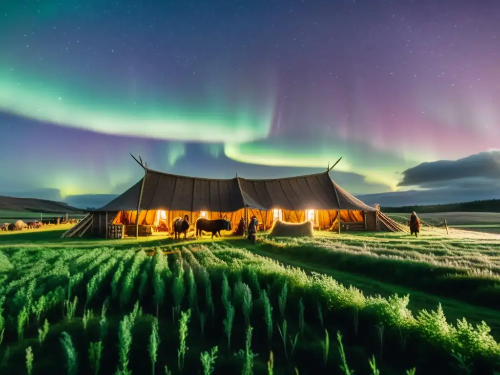 Vibrante escena vikinga: granja rodeada de campos verdes, cielo estrellado y Aurora Boreal