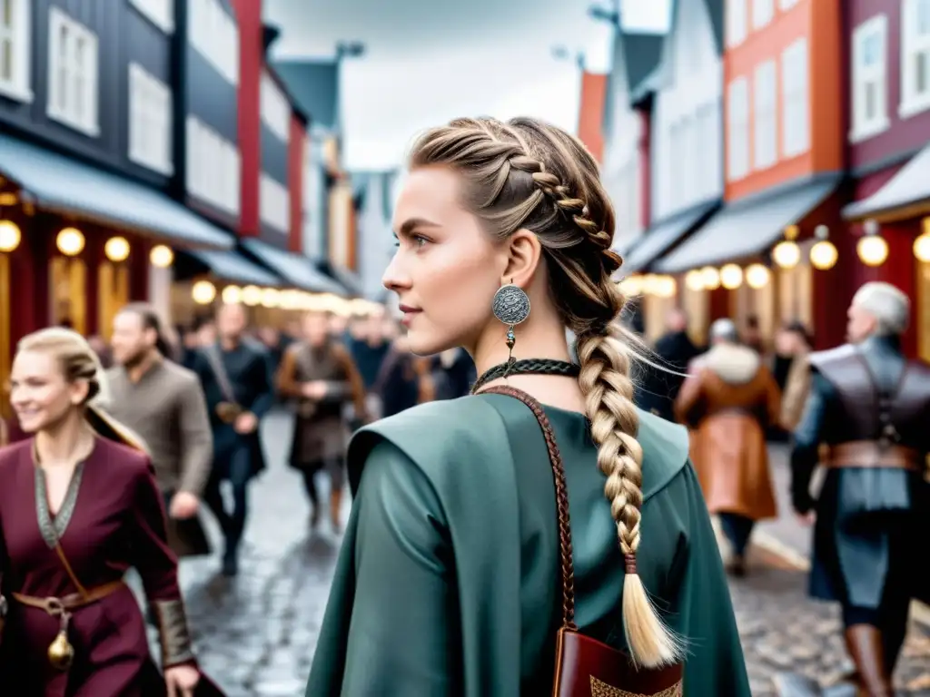 Viking Street: Fusión de estilo nórdico y urbano Un vibrante escenario urbano con accesorios vikingos para look diario, fusionando historia y estilo en la vida cotidiana