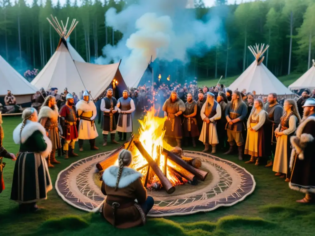 Vibrante festival de mitología nórdica con danzas alrededor de la hoguera en un bosque, vestimenta vikinga y símbolos rúnicos bajo el cielo estrellado