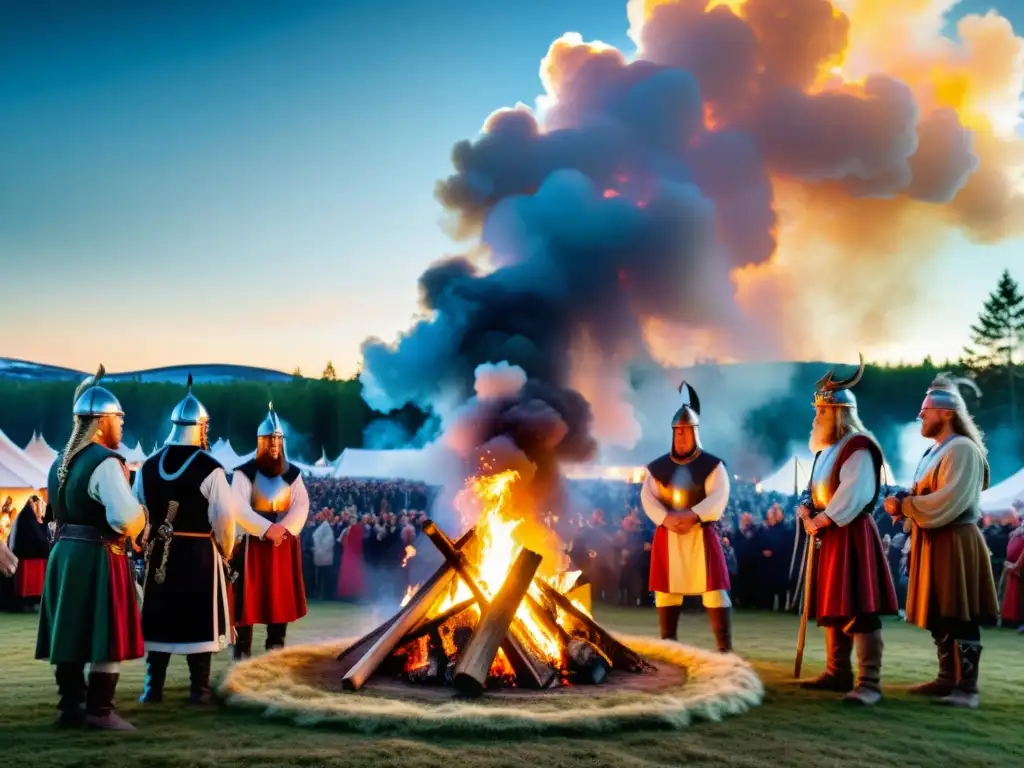 Vibrante festival nórdico: antiguas tradiciones en la noche estrellada bajo el resplandor de una fogata, entre pinos