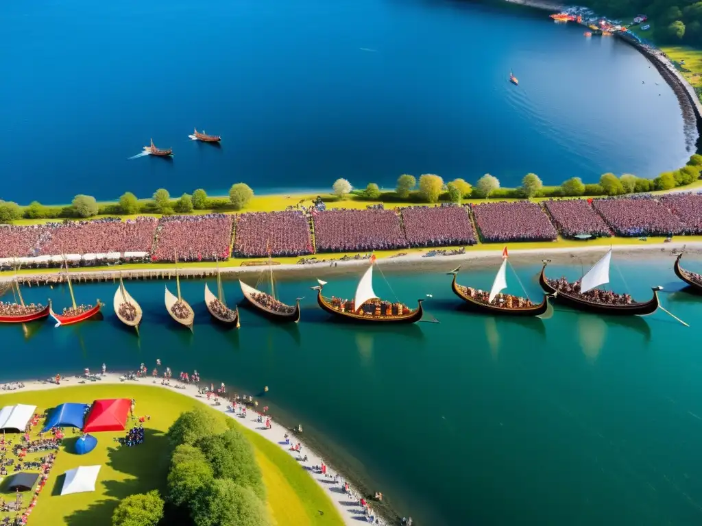 Un vibrante festival vikingo en Escandinavia con longboats, artesanos y festín, captando la esencia de los festivales históricos escandinavos Vikingos