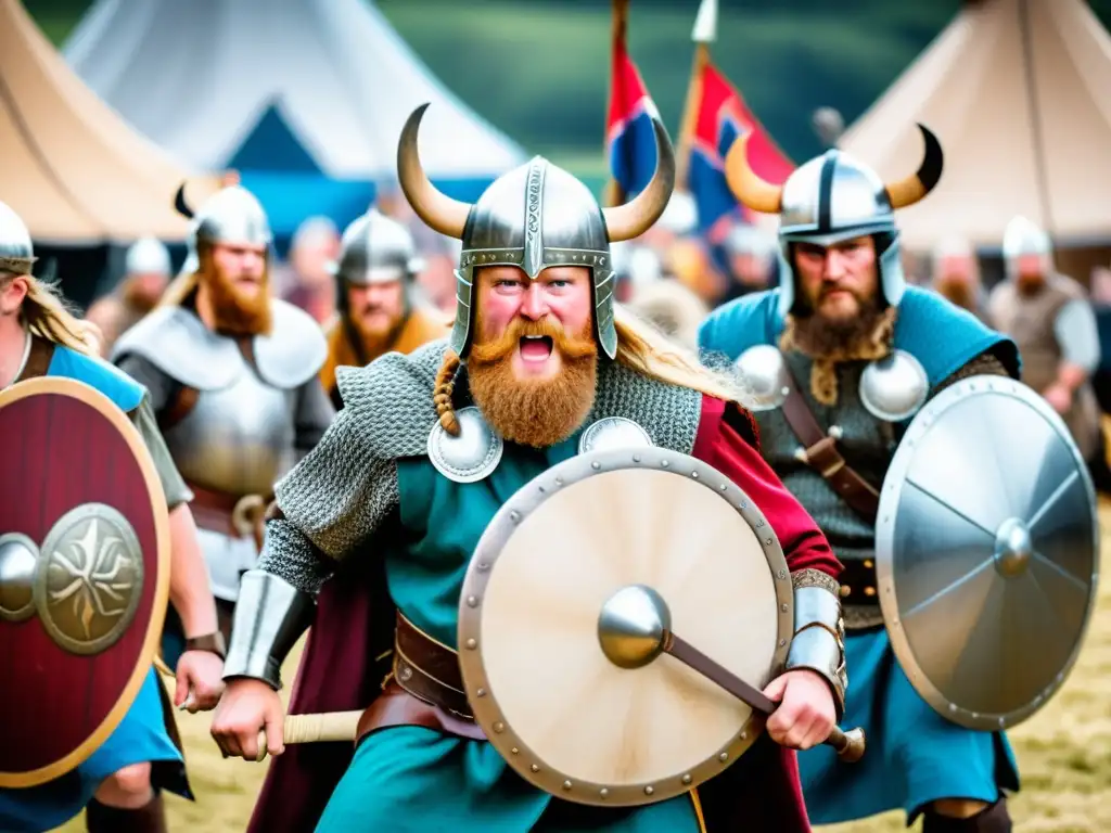 Un vibrante festival vikingo con participantes en batalla simulada